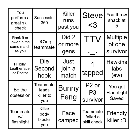 Dead By Daylight Survivor Bingo Card