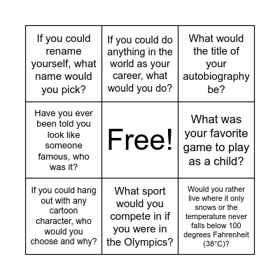 Ice breakers Bingo Card