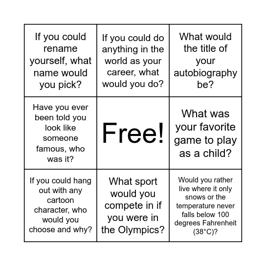 Ice breakers Bingo Card