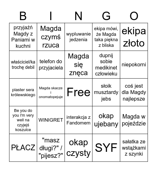Kuchenne Bingo Card