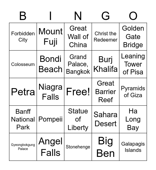 Bucket List Bingo Card