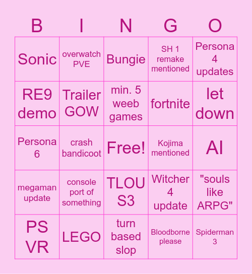 State of Play 2026 Bingo Card