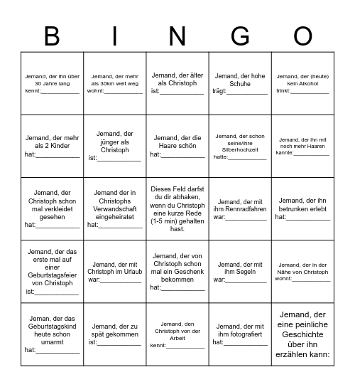 Christophs 60ster Bingo Card