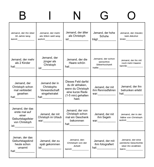 Christophs 60ster Bingo Card
