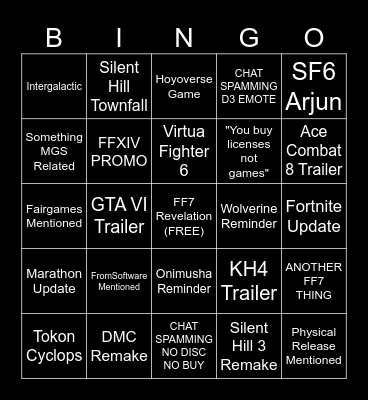 Playstation State of Play Bingo Card