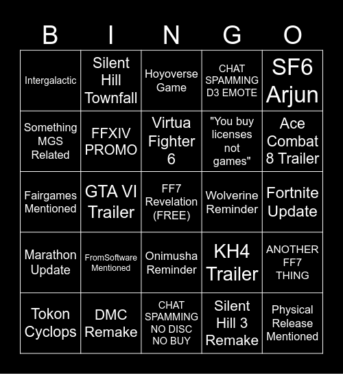 Playstation State of Play Bingo Card