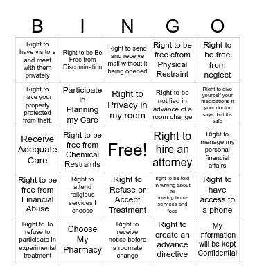 RESIDENT'S RIGHT BINGO Card