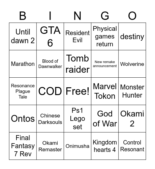 Playstation Direct Bingo Card