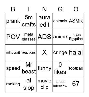 YouTube shorts Bingo Card