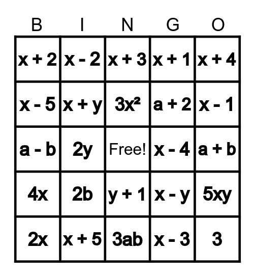 Bingo da Simplificação de Frações Algébricas Bingo Card