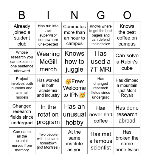 IPN Orientation Bingo Card