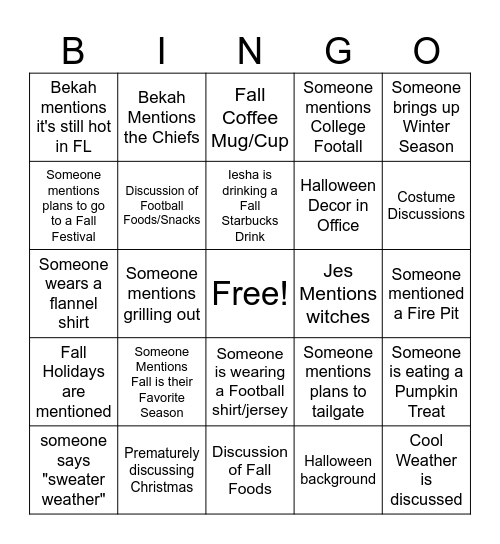 RApp Fall Bingo Card