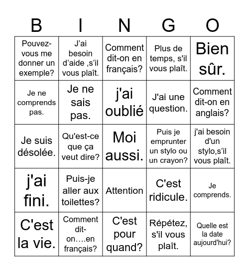 Les expressions utiles Bingo Card