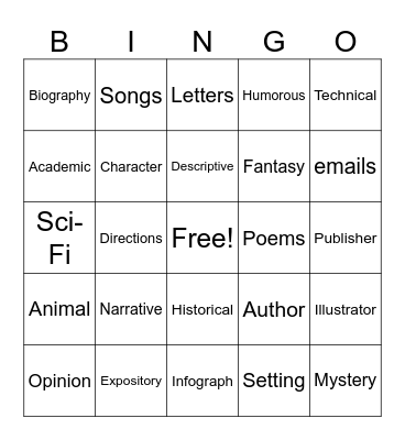 Writing Bingo Card
