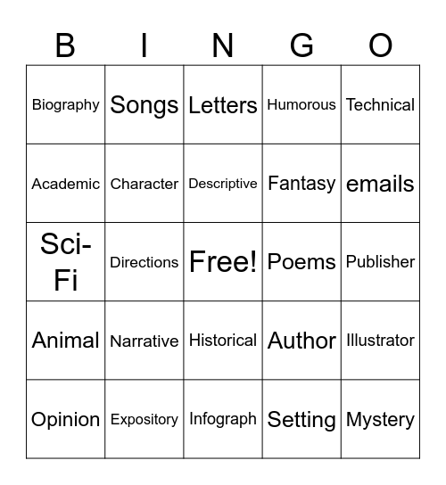 Writing Bingo Card