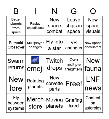 No Man's Sky Cosmos Bingo Card