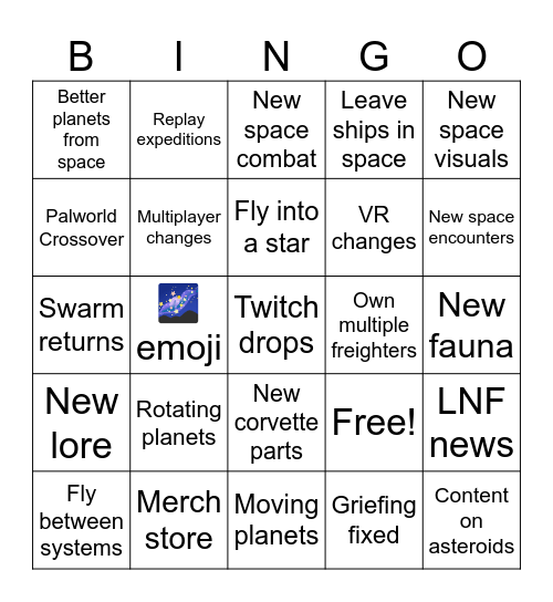 No Man's Sky Cosmos Bingo Card