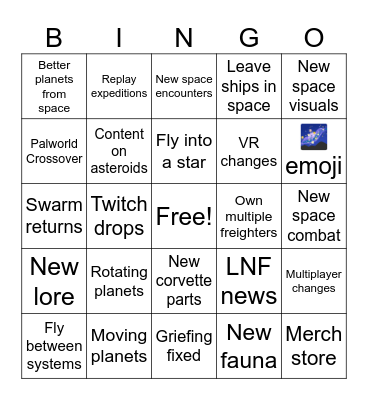 No Man's Sky Cosmos Bingo Card