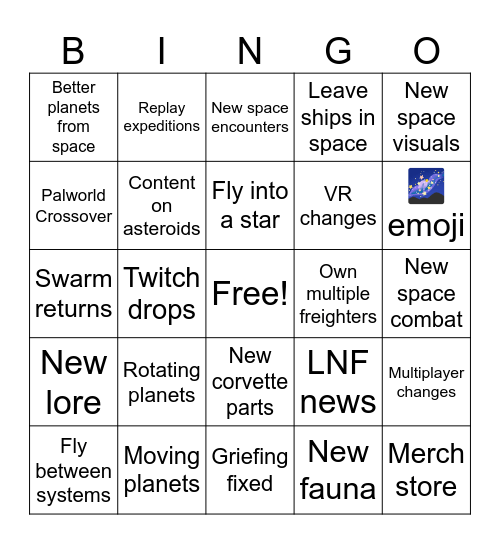 No Man's Sky Cosmos Bingo Card