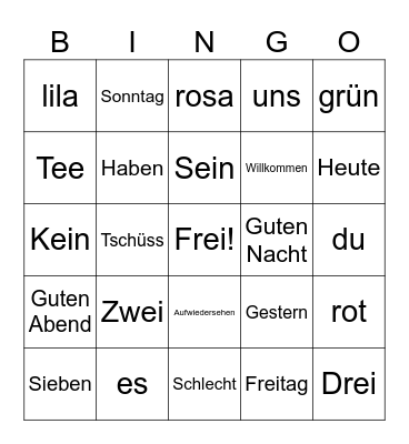 German Vocabulary Bingo Card