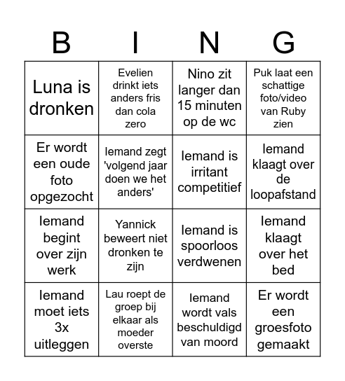 Julienne Bingo Card