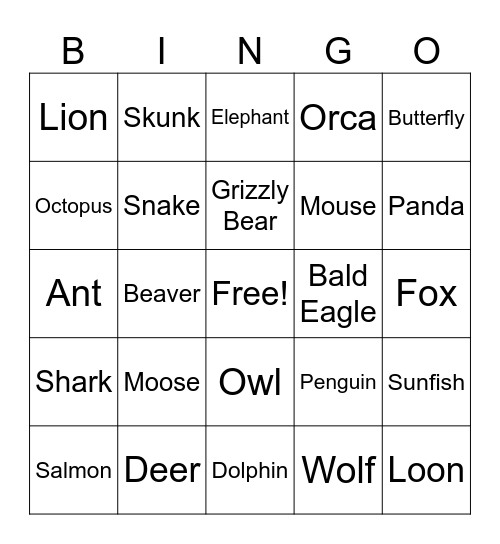 Wildlife Bingo Card