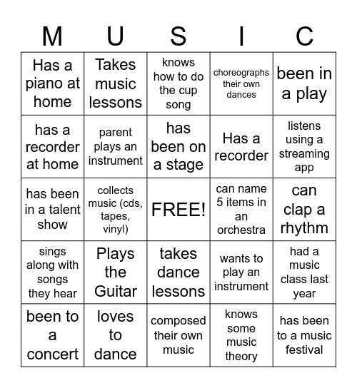 Getting to Know You Music Bingo Card