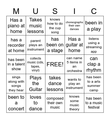 Getting to Know You Music Bingo Card