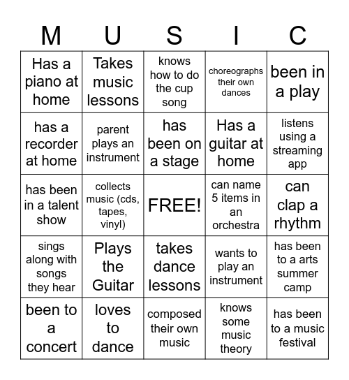 Getting to Know You Music Bingo Card