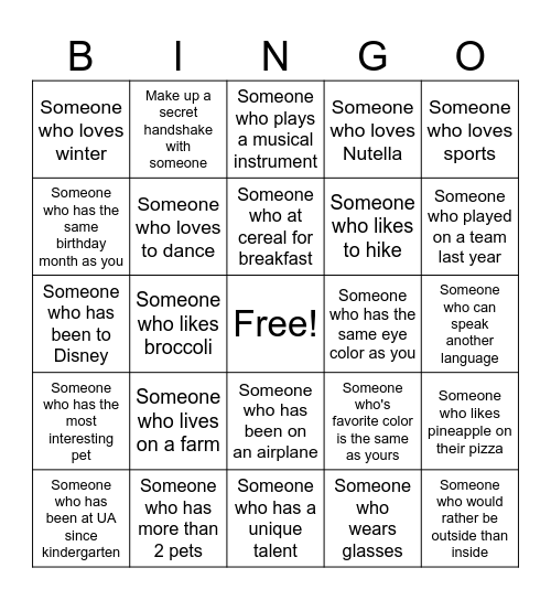 UA Family Day Bingo Card