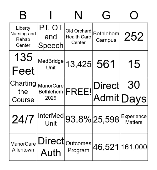 Manor Care Bingo Card
