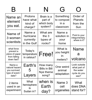 8th Grade Science Bingo Card