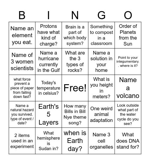 8th Grade Science Bingo Card