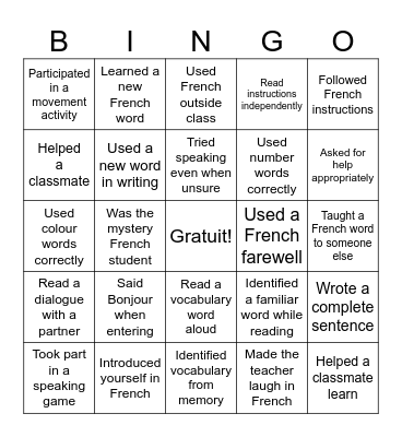 French Bingo (8 sept - 18 sept) Bingo Card