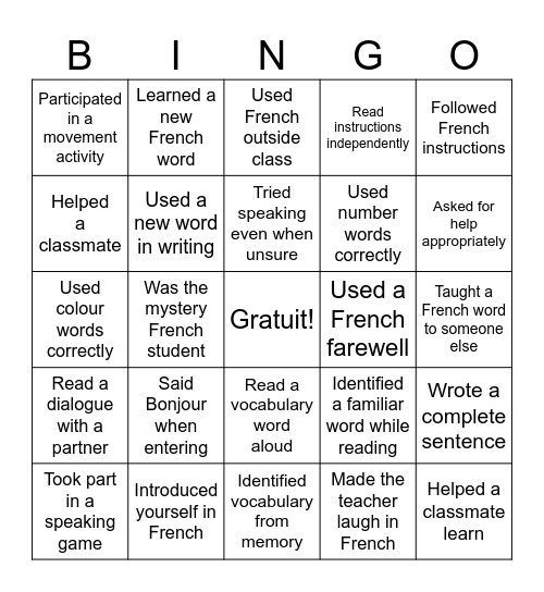French Bingo (8 sept - 18 sept) Bingo Card