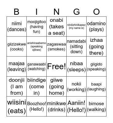 Anishinaabe Bingo (Verbs) Bingo Card