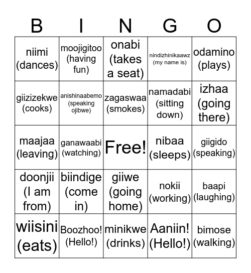 Anishinaabe Bingo (Verbs) Bingo Card