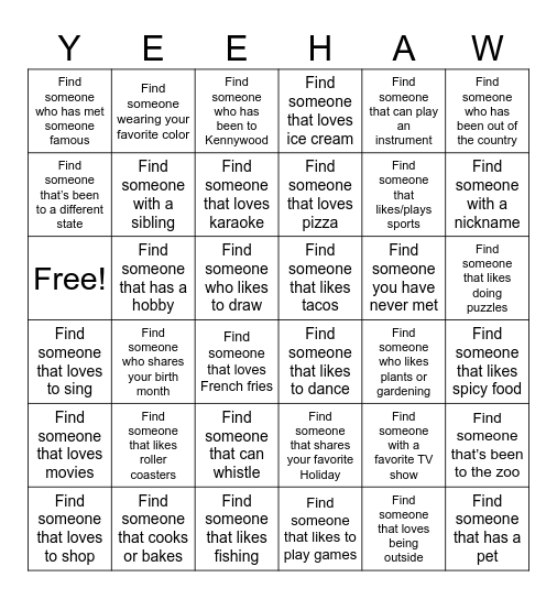 Howdy, Stranger! Bingo Card
