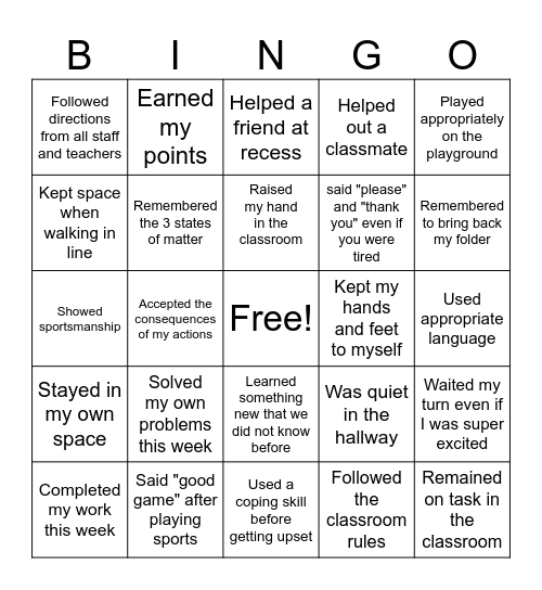 Responsibility Bingo Card