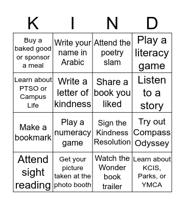 Literacy Night BINGO Card