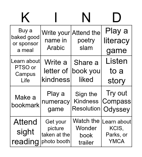 Literacy Night BINGO Card