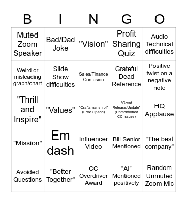 All Hands Bingo Card