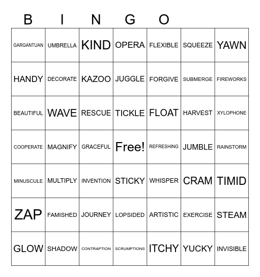 Endless Alphabet Bingo Card