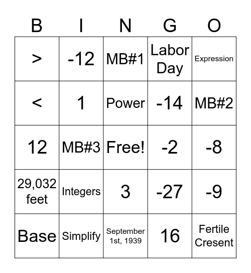 Math Bingo 9/4/26 Bingo Card