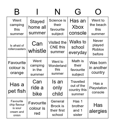 First Day Bingo Card