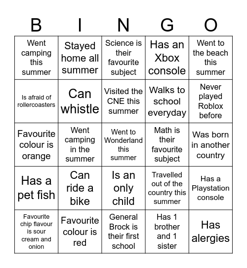 First Day Bingo Card