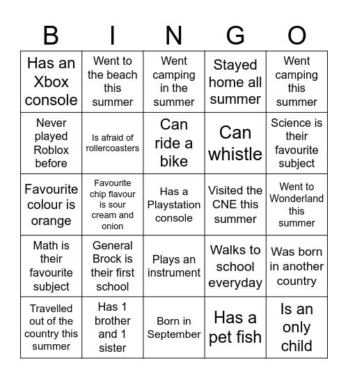 First Day Bingo Card