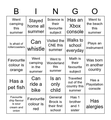 First Day Bingo Card