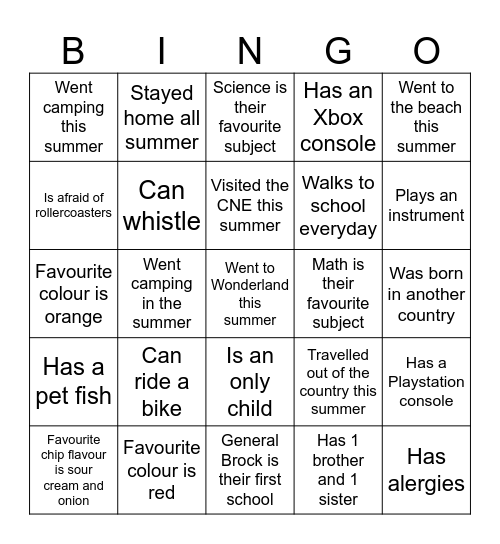 First Day Bingo Card