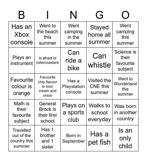 First Day Bingo Card